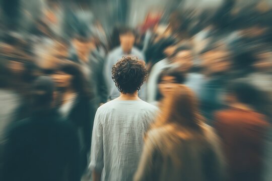 Young person experiencing anxiety in overwhelming crowd