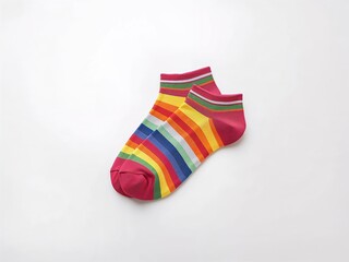 Pair of colorful striped ankle socks isolated on a light background. Vibrant rainbow design with playful and cheerful style.