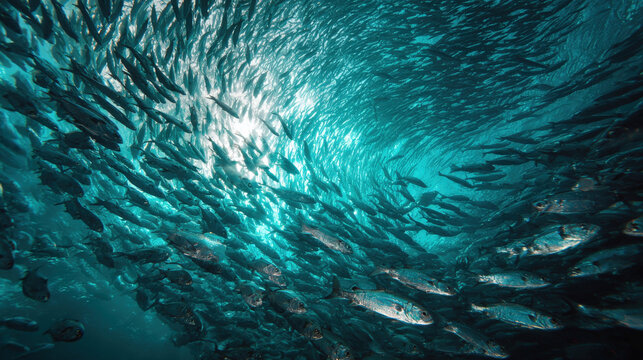 A school of fish swimming in the ocean. The fish are in a tight formation, and the water is very clear