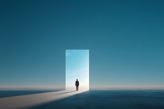 Man walking into open door of bright opportunity