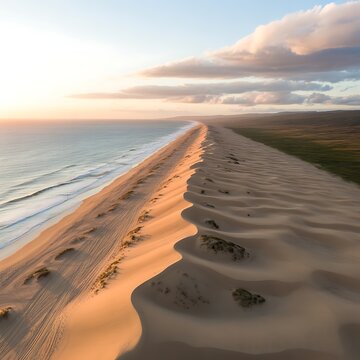 High-angle drone shot of a long sandy beach bordering rolling sand dunes and green grassy plains meeting the calm ocean under a soft sunset sky with scattered clouds