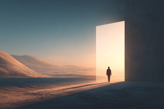 Person walking into bright doorway in desert landscape