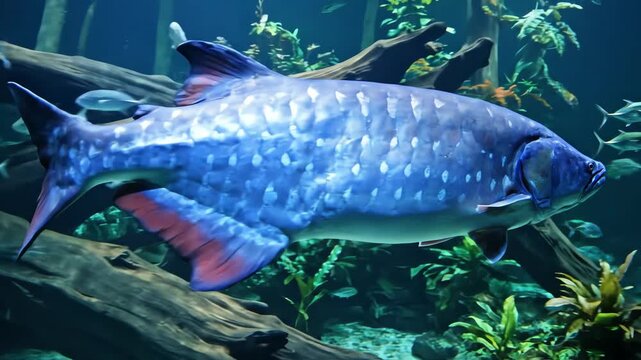 A magnificent giant pacu fish showcases its iridescent blue scales and vibrant red fins while swimming in a freshwater planted aquarium