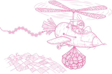Easter Bunny's Helicopter Delivery: A Whimsical Flight Over the Patchwork Fields