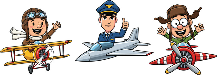 Cartoon aviation characters, vintage pilot, modern jet, propeller plane, flying illustration, aircraft evolution, aviation history, vector art, smiling aviators, playful flight scene © MdAftab