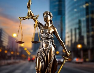 Justice statue with blindfold and scales in an urban setting at sunset