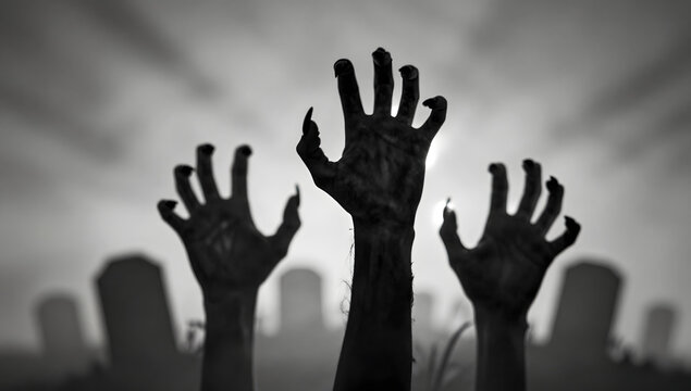 Rise of the Undead: A chilling grayscale depiction of zombie hands clawing their way from the darkness, set against a spooky graveyard background.