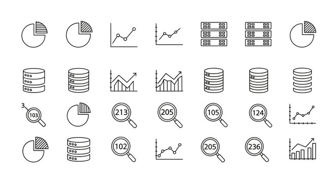 Black outline icons representing data analysis charts databases and search magnifying glasses
