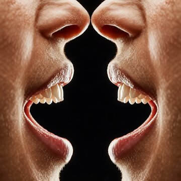 Close up of two human mouths shouting face to face isolated on black background