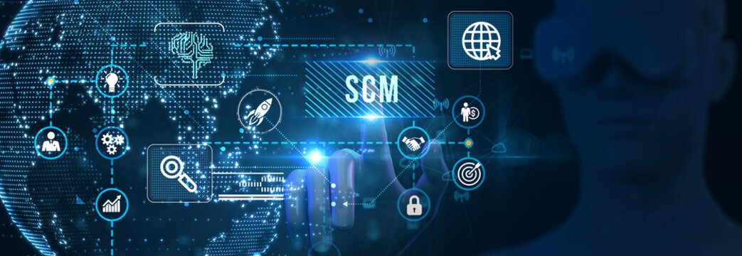 SCM - Supply Chain Management.  Supply Chain Management SCM. Aspects of Modern Company Logistics Processes. 3d illustration
