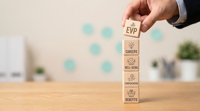 Hand Holding Wooden Block with Evpportrait on Stacked Wooden Blocks with Careers Well Being Compensation Benefits