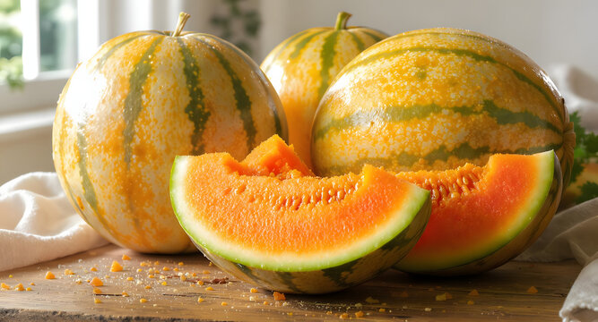 Ripe Rockmelons with Detailed Netted Skin Texture Close Up