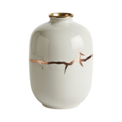 White vase with gold rim and kintsugi repair isolated on a transparent background