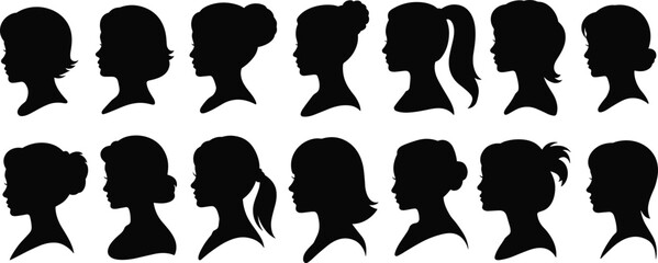 Set of female profile silhouettes with various modern hairstyles, black vector illustration collection isolated on white background for beauty salon, fashion, and branding design