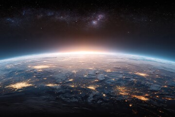 Densely Populated Planet Cityscape View from Space with Illuminated Skyline, Distant Starry Galaxy, and Dramatic Horizon Glow