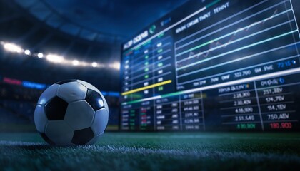 Soccer ball on a grassy field in a stadium at night with glowing sports betting statistics displayed on a large screen.