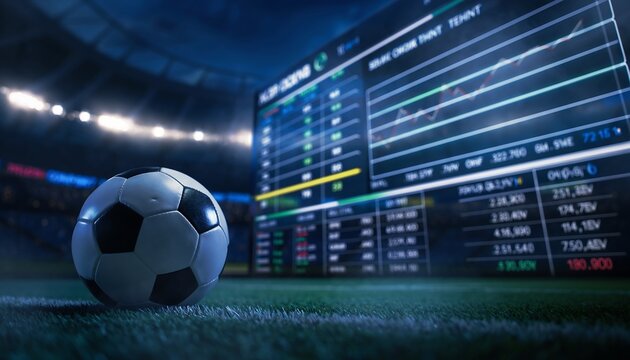 Soccer ball on a grassy field in a stadium at night with glowing sports betting statistics displayed on a large screen.