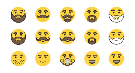 Naklejka premium A grid of 15 yellow emoji faces showing various styles of facial hair and expressions