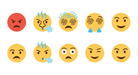 Fototapeta premium Ten flatdesign emojis arranged in two rows on a white background