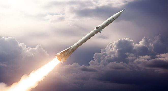 A long, slender rocket launching into a cloudy sky with a bright fiery exhaust, symbolizing progress and exploration.