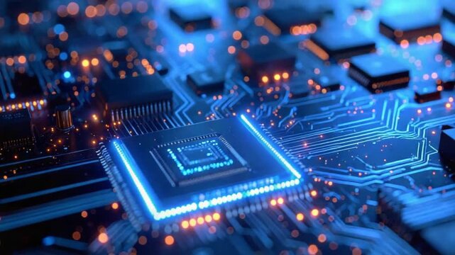 Futuristic glowing circuit board with central processing unit