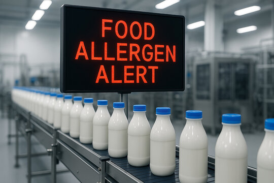 Food allergen alert digital red led signage above conveyor belt transporting white milk bottles in processing plant for automated safety monitoring