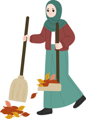 people sweeping autumn leaves