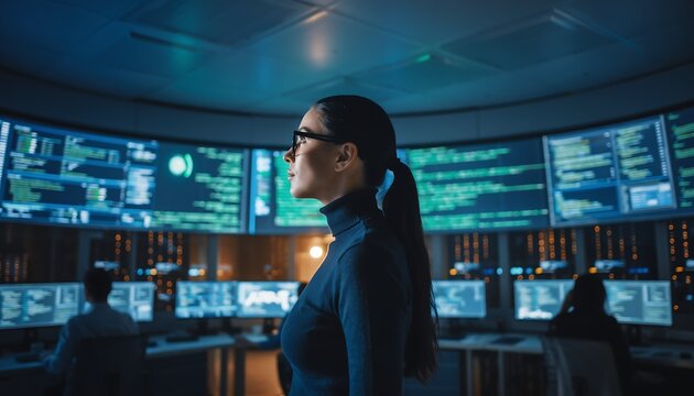Serious female data scientist in glasses standing in a high-tech control room surrounded by multiple screens displaying complex code and analytics