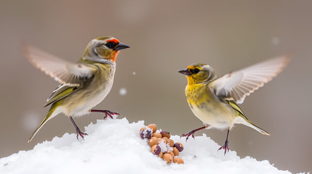 Greenfinches (Chloris chloris) and redpolls (Acanthis flammea) pick up seeds from the snow and fly away