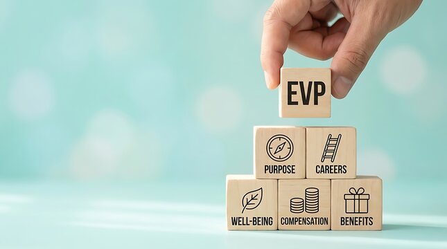 Hand Stacking Wooden Blocks with Business Terms Including Evp Purpose Careers Wellbeing Compensation and Benefits