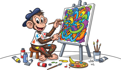 Funny monkey artist painting colorful abstract artwork, cartoon animal painter illustration, creative art concept, cute character drawing, playful artistic design © MdAftab