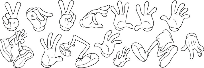 Cartoon hand gestures set, expressive hands poses collection, comic style illustration, human gestures symbols, isolated black line vector