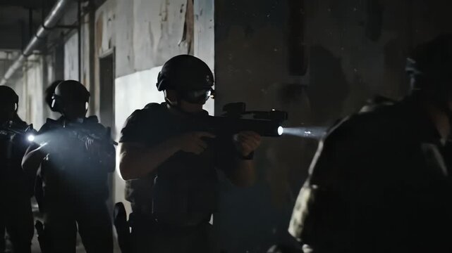 Special forces unit moving through a dark corridor during a tactical military operation with flashlights