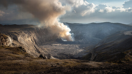 Fototapeta premium A large volcano is spewing smoke into the sky. The smoke is orange and billowing, creating a dramatic and ominous scene. The landscape is barren and desolate, with no signs of life