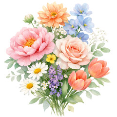 Fototapeta premium Elegant watercolor floral bouquet illustration with pink peony, rose, cosmos and spring wildflowers. Botanical design element isolated for wedding invitations and greeting cards.