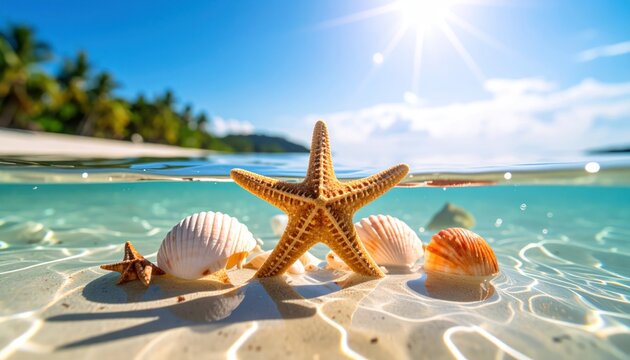 Beach scene Starfish with seashells in clear water, and tropical sunshine.