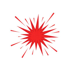 Obraz premium A vibrant red, spiky starburst vector graphic illustrating an explosive sound effect, centered against a transparent background with ample copy space. concept of graphic energy impact