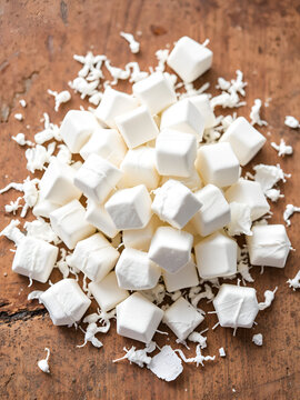 White Naphthalene mothballs isolated on wooden background. It is also known as moth flakes, naphthalin, naphthaline, antimite, albocarbon, hexalene, tar camphor, and white tar.