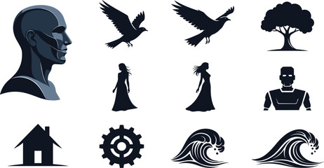 Obraz premium Silhouette Icon Set With Human Head Birds Tree Robot House Gear Waves and Women Figures.