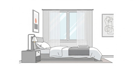 Modern Bedroom Interior Design Sketch with Bed and Window.