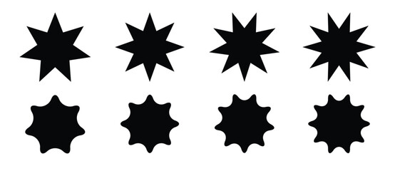 Obraz premium Sun, sunburst, sunlight, sunshine icons. Circular badges, stamps, labels, price or promocode tags with zigzag and wavy edges. Collection of black discount or sale stickers isolated on white background