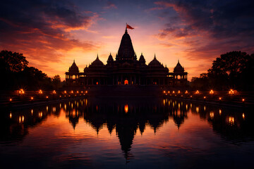 Obraz premium Ram Mandir Ayodhya at Sunset with Reflection in Sacred Sarovar