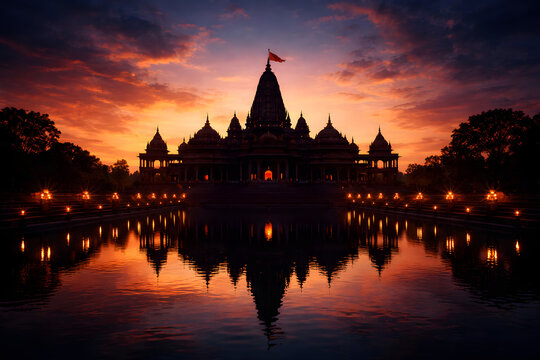 Ram Mandir Ayodhya at Sunset with Reflection in Sacred Sarovar