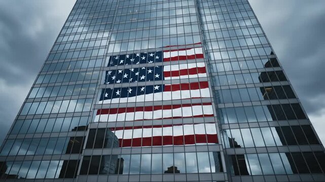 A skyscraper facade reflecting a large American flag under a cloudy sky, symbolizing patriotism and national pride