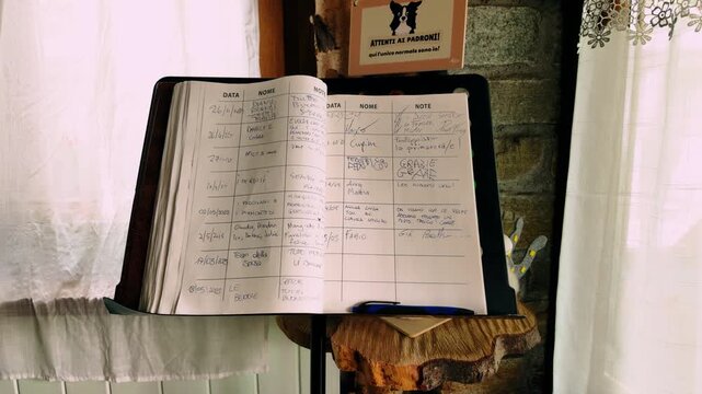 Handwritten guest book open on stand inside rustic Italian establishment with warning sign