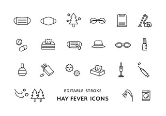 花粉症にまつわるアイコンセット（モノクロ）