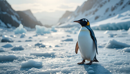 Obraz premium A lone penguin stands on icy terrain surrounded by snow-covered mountains and frozen chunks of ice under a cloudy sky.