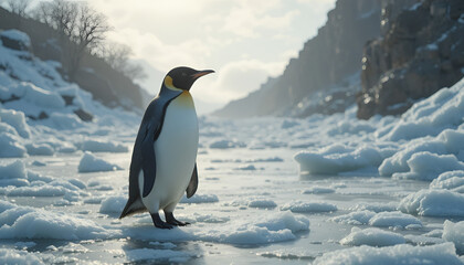 A lone penguin stands on icy terrain surrounded by snow and rocky cliffs under a cloudy sky.