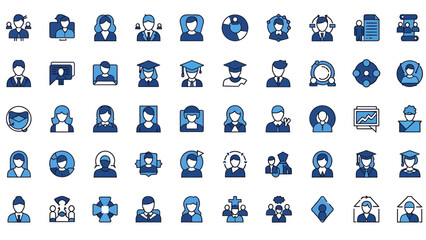 Collection of blue line icons featuring people avatars and miscellaneous symbols.