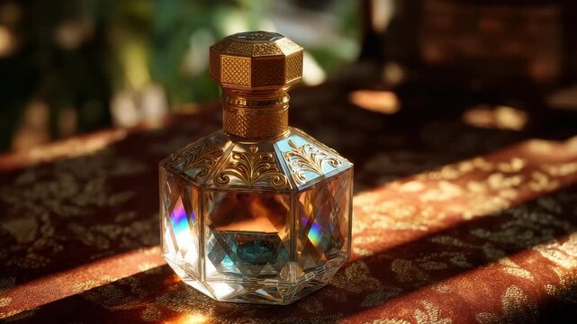 Luxurious perfume bottle on elegant table with golden accents and soft lighting